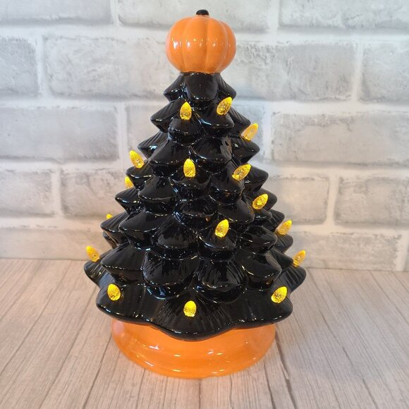 Halloween Ceramic Lighted Tree Pumpkin Jackolantern Black Orange Holiday Decor - Picture 3 of 12